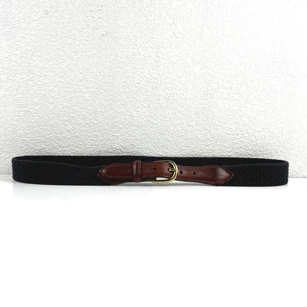 John Henry Woven Surcingle Belt Mens 36 Navy Blue Brown Leather Brass Classic